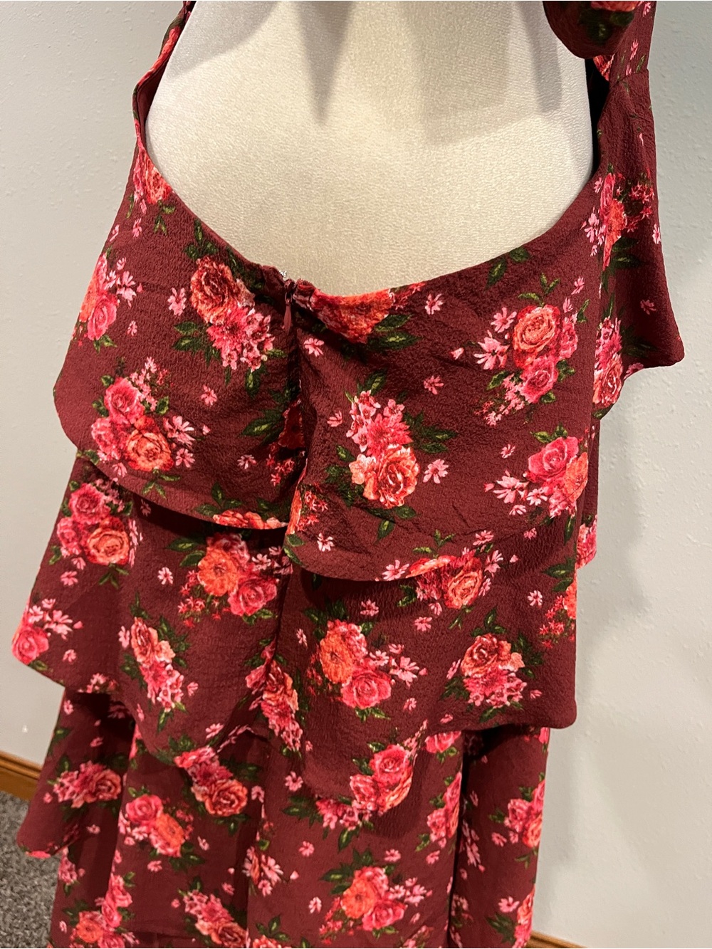 Arula Tiered Floral Maxi Dress in Burgundy with Pink Roses size 2X - Picture 8 of 14